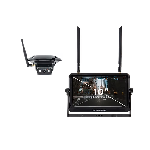 Wireless camera and monitor kit: small outdoor camera with antenna, a handheld display showing a street scene with'10'' range indication.