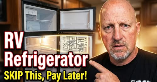Thumbnail of a man pointing at an open RV refrigerator, with bold text reading 'RV Refrigerator' and 'Skip This, Pay Later!'
