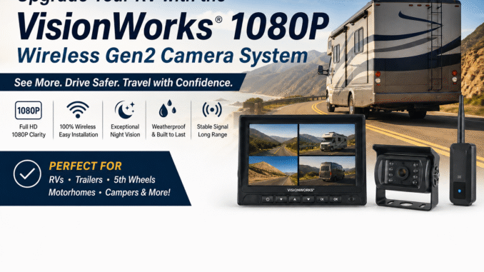 Advertisement for VisionWorks 1080P Wireless Gen2 RV camera system with monitor, camera, and transmitter shown beside a motorhome on a highway.