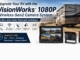 Advertisement for VisionWorks 1080P Wireless Gen2 RV camera system with monitor, camera, and transmitter shown beside a motorhome on a highway.