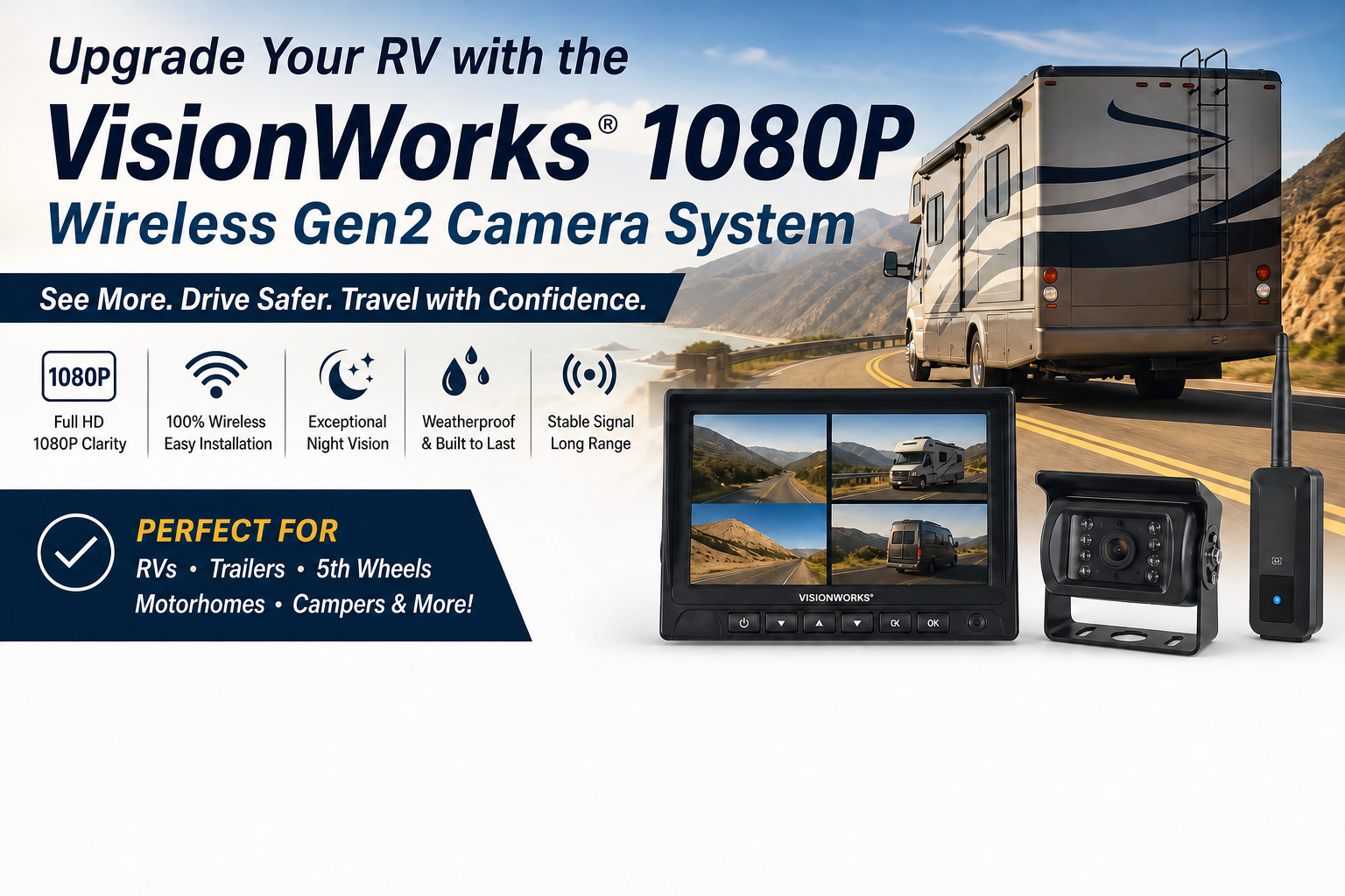 Advertisement for VisionWorks 1080P Wireless Gen2 RV camera system with monitor, camera, and transmitter shown beside a motorhome on a highway.