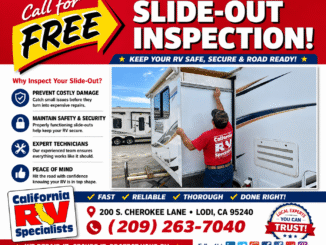 RV repair ad banner featuring a technician inspecting a slide-out on a large motorhome, with bold 'Slide-Out Inspection' headline and 'Free' callout in yellow arrow graphic.