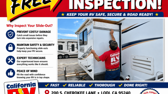 RV repair ad banner featuring a technician inspecting a slide-out on a large motorhome, with bold 'Slide-Out Inspection' headline and 'Free' callout in yellow arrow graphic.