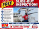 RV repair ad banner featuring a technician inspecting a slide-out on a large motorhome, with bold 'Slide-Out Inspection' headline and 'Free' callout in yellow arrow graphic.