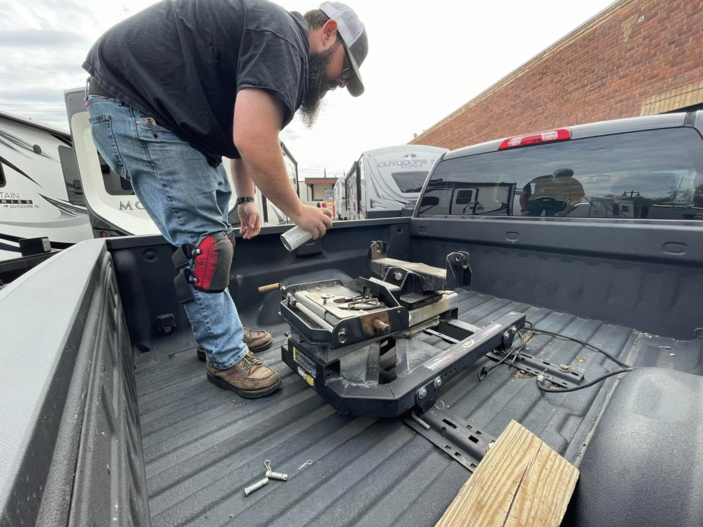 image - California RV Specialists Bearded man in a cap and jeans bent over in the pickup bed, handling tools near a toolbox and hardware.