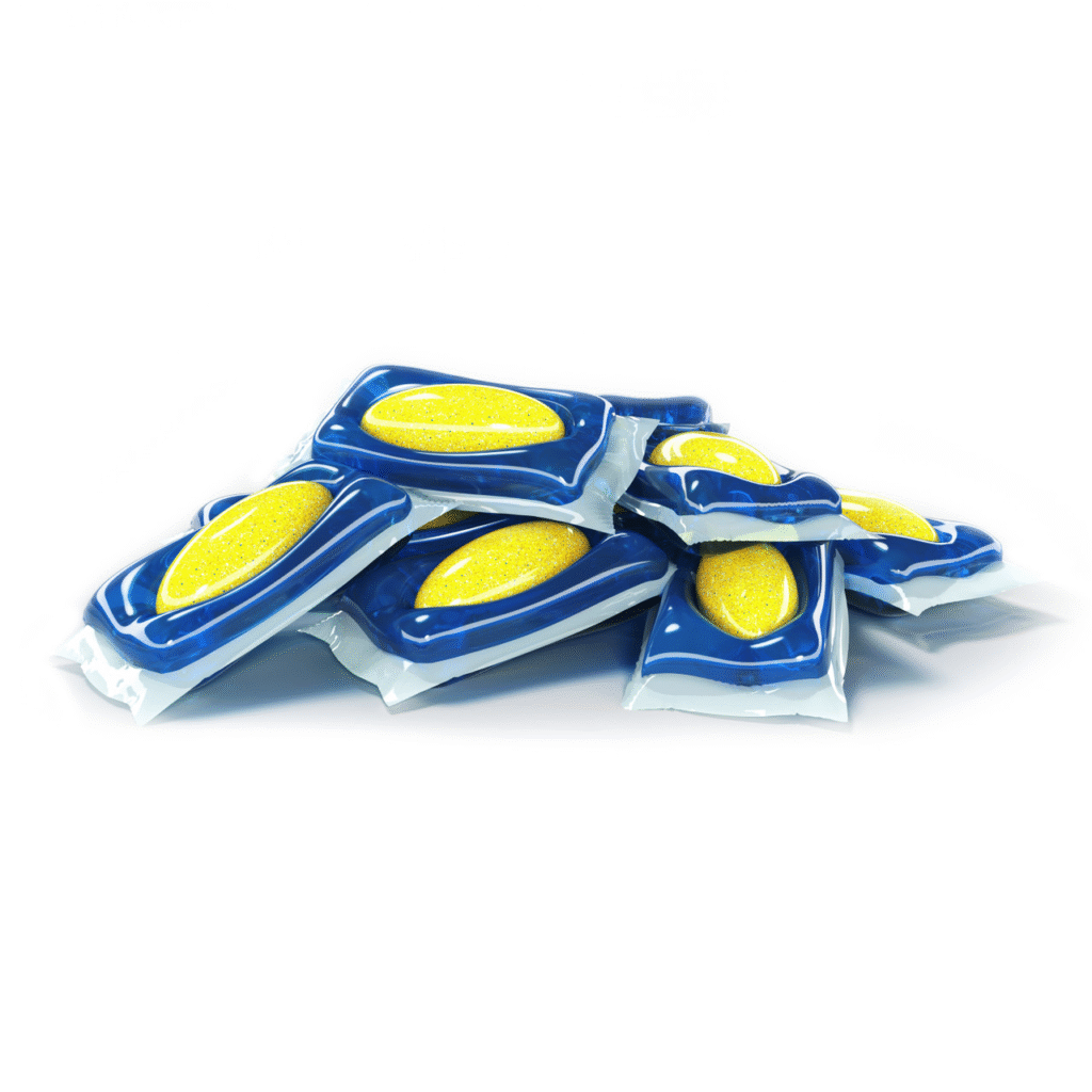 Pile of blue blister-pack tablets with yellow discs stacked on a white background