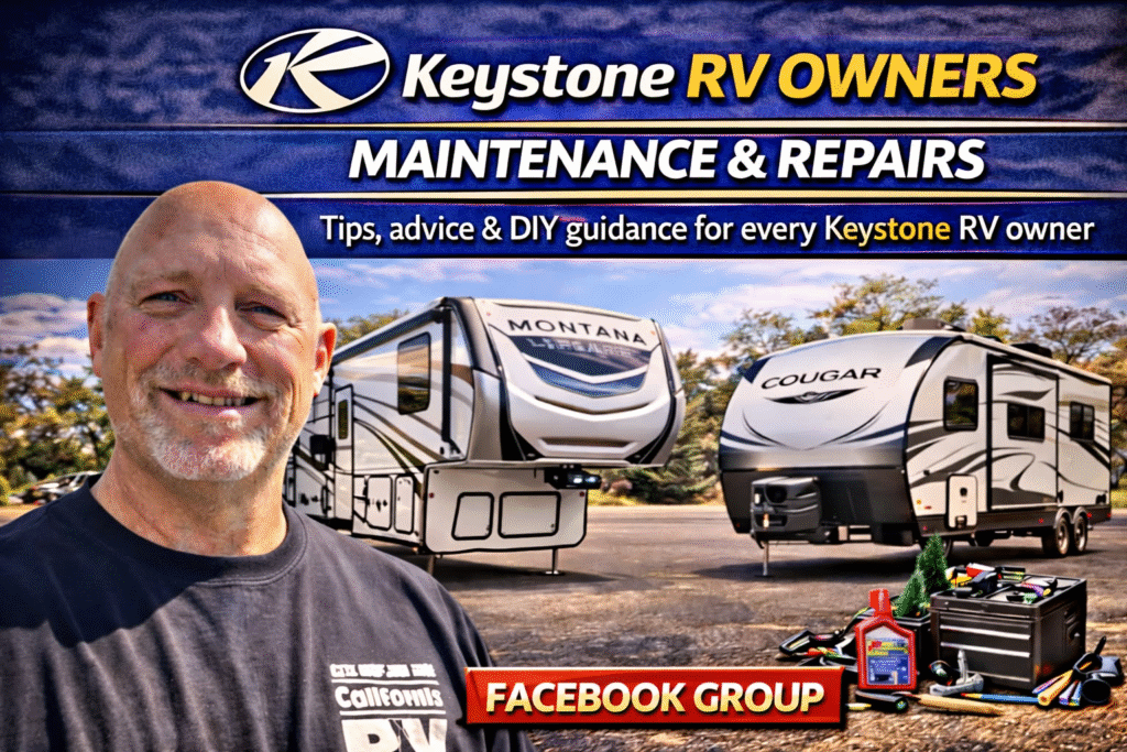 Keystone RV Owners banner: maintenance & repairs with logo, tips and DIY guidance; two RVs in a lot and a smiling man in the foreground.