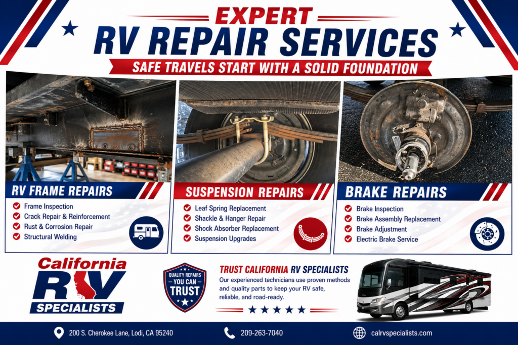 Frame Repairs - California RV Specialists Banner ad for Expert RV Repair Services featuring three service panels: RV Frame Repairs, Suspension Repairs, Brake Repairs, with a California RV Specialists logo and RV image at bottom right.