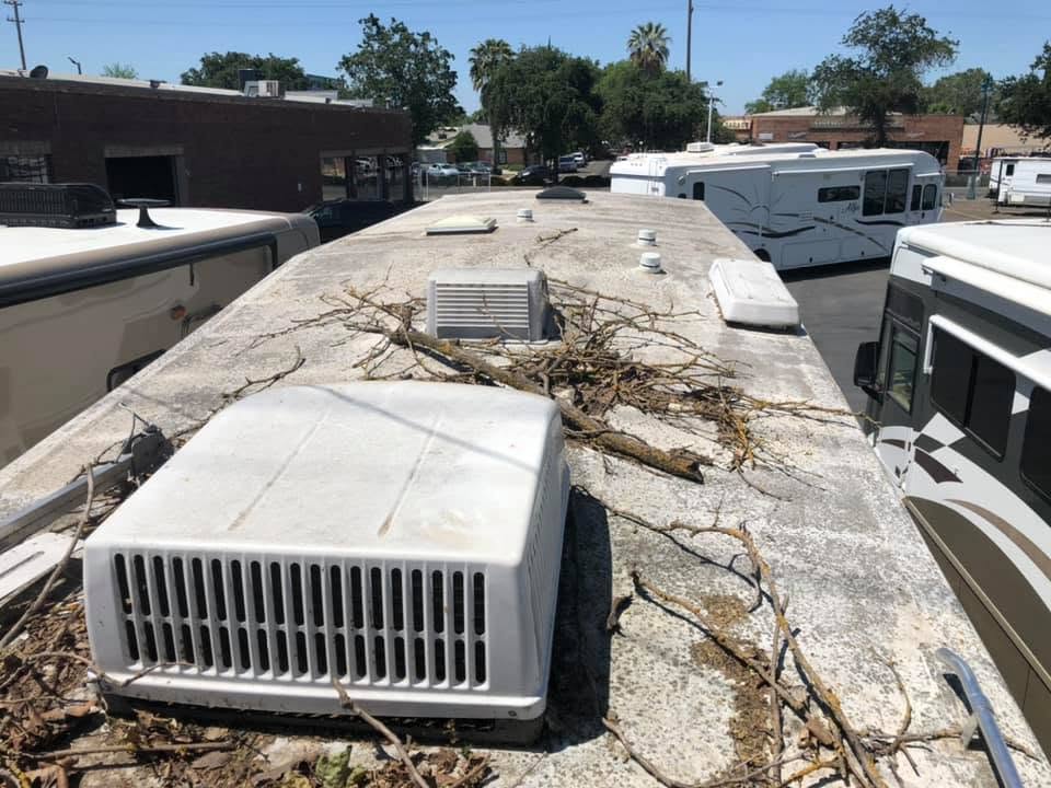 RV roof with a white air conditioner unit, vents, and a nest of dry branches in a parking lot.
