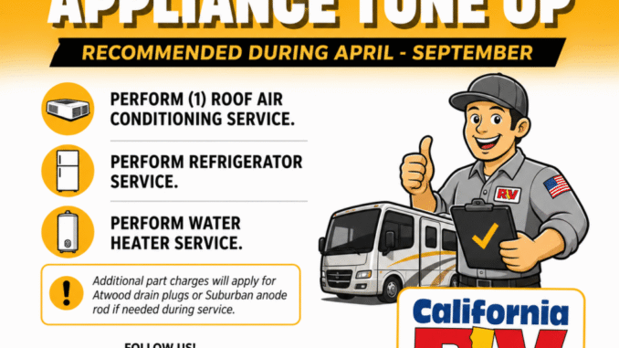 Spring–summer RV appliance tune‑up infographic: roof AC, refrigerator, and water heater services with a technician beside an RV and California RV Specialists logo.