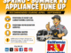 Spring–summer RV appliance tune‑up infographic: roof AC, refrigerator, and water heater services with a technician beside an RV and California RV Specialists logo.